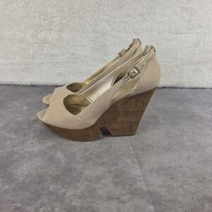 BCBGeneration Beige Canvas Cork Wedge Sandals Gold Trim Peep Toe Size 10 B